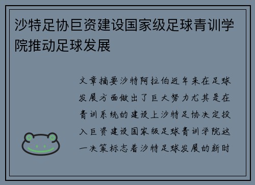 沙特足协巨资建设国家级足球青训学院推动足球发展 沙特足协巨资建设国家级足球青训学院推动足球发展